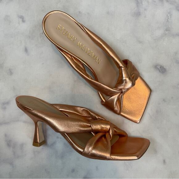 Stuart Weitzman Playa Copper Metallic Knotted Slide Heeled Sandals - Picture 1 of 11